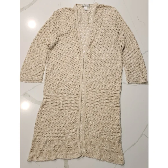 Christopher & Banks Off White Cream Crochet Knitted Open Long Cardigan Women's M - Picture 9 of 13